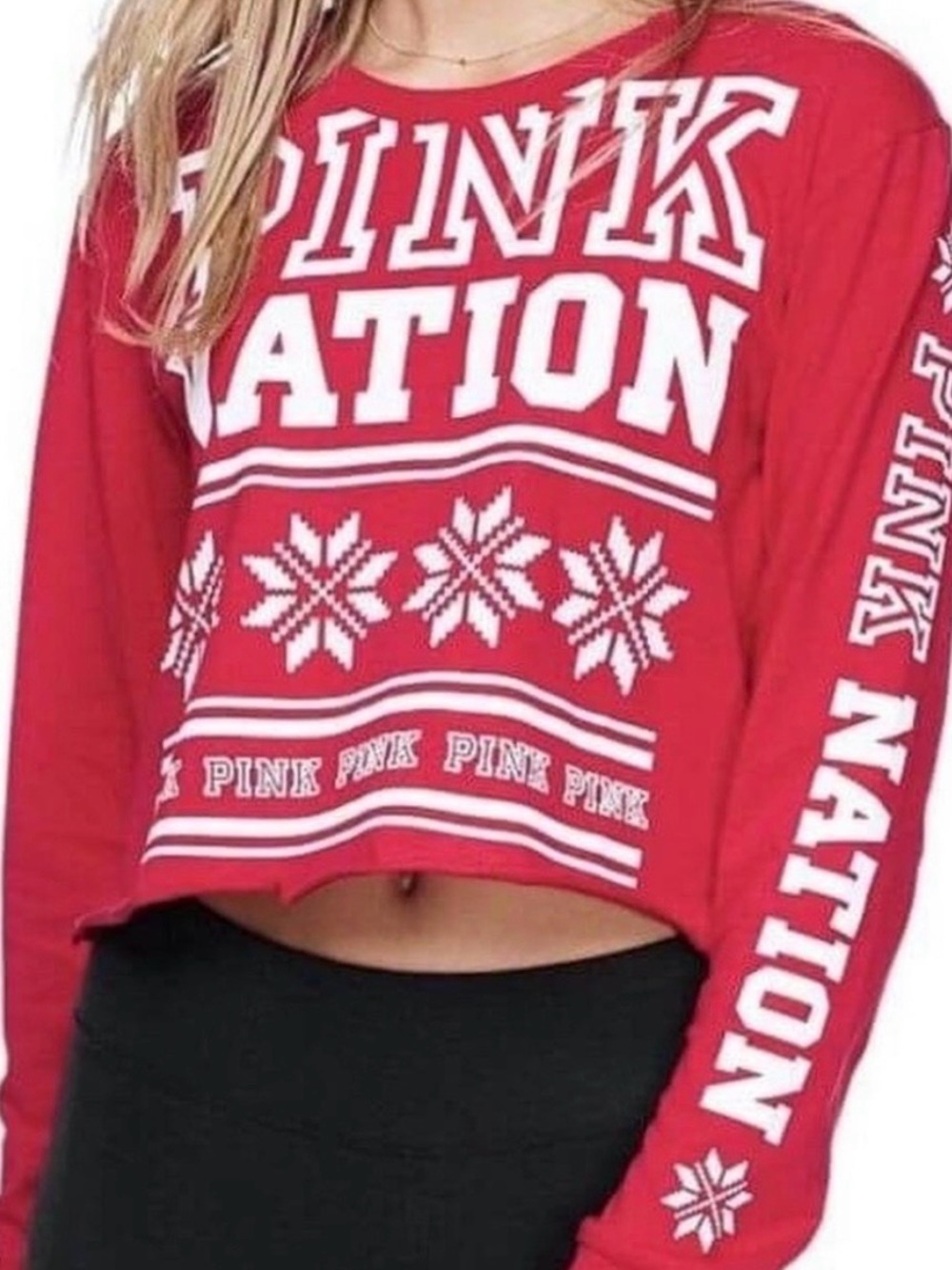 Like New VS PINK Nation Red Long-Sleeve Logo Crop Top sz S